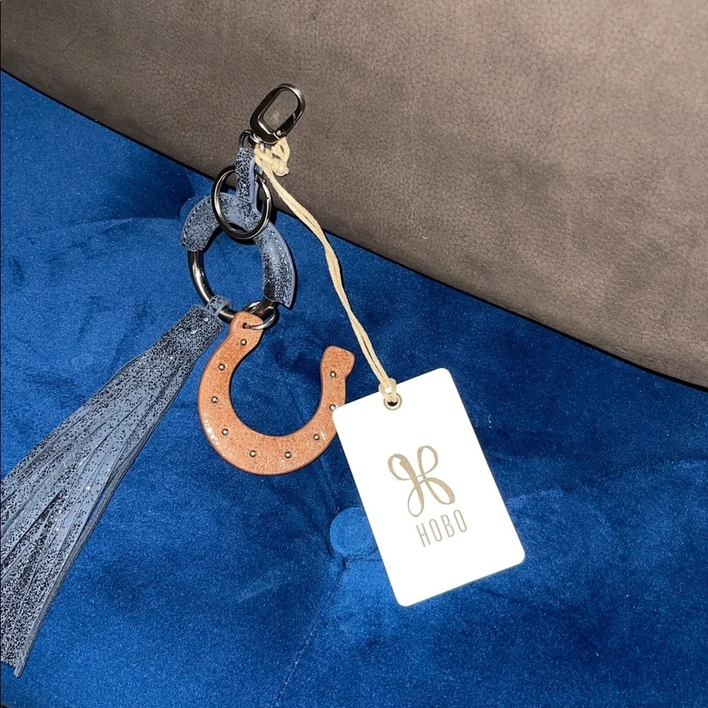 New HOBO LUCKY TASSEL FOB indigo sky Blue & Brown Horseshoe Keychain (Leather)!
